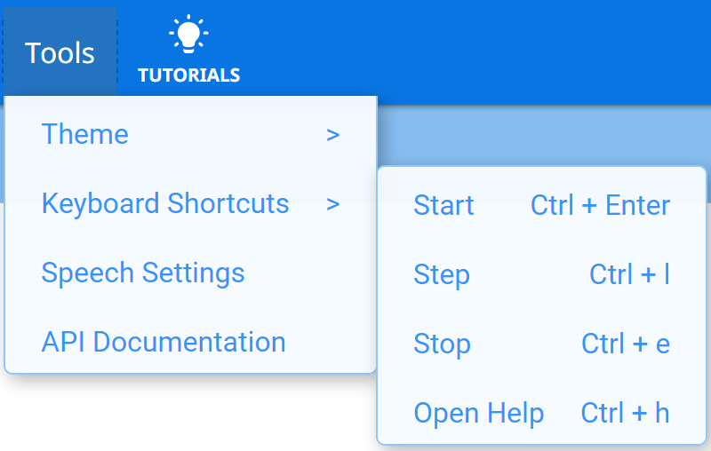 VEXcode GO Windows Toolbar with the Tools dropdown menu open and the Keyboard Shortcuts option selected. The available Keyboard shortcuts are shown in a second dropdown menu to the right, with 4 options that read Start, Step, Stop, and Open Help. Each option has a corresponding keyboard hotkey. The Start hotkey is the Control key with the Enter key, the Step hotkey is the Control key with the L key, the Stop hotkey is the Control key with the E key, and finally the Open Help hotkey is the Control key with the H key.