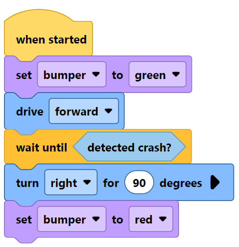 VEXcode GO blocks project with blocks from several categories to showcase the High Contrast color scheme.