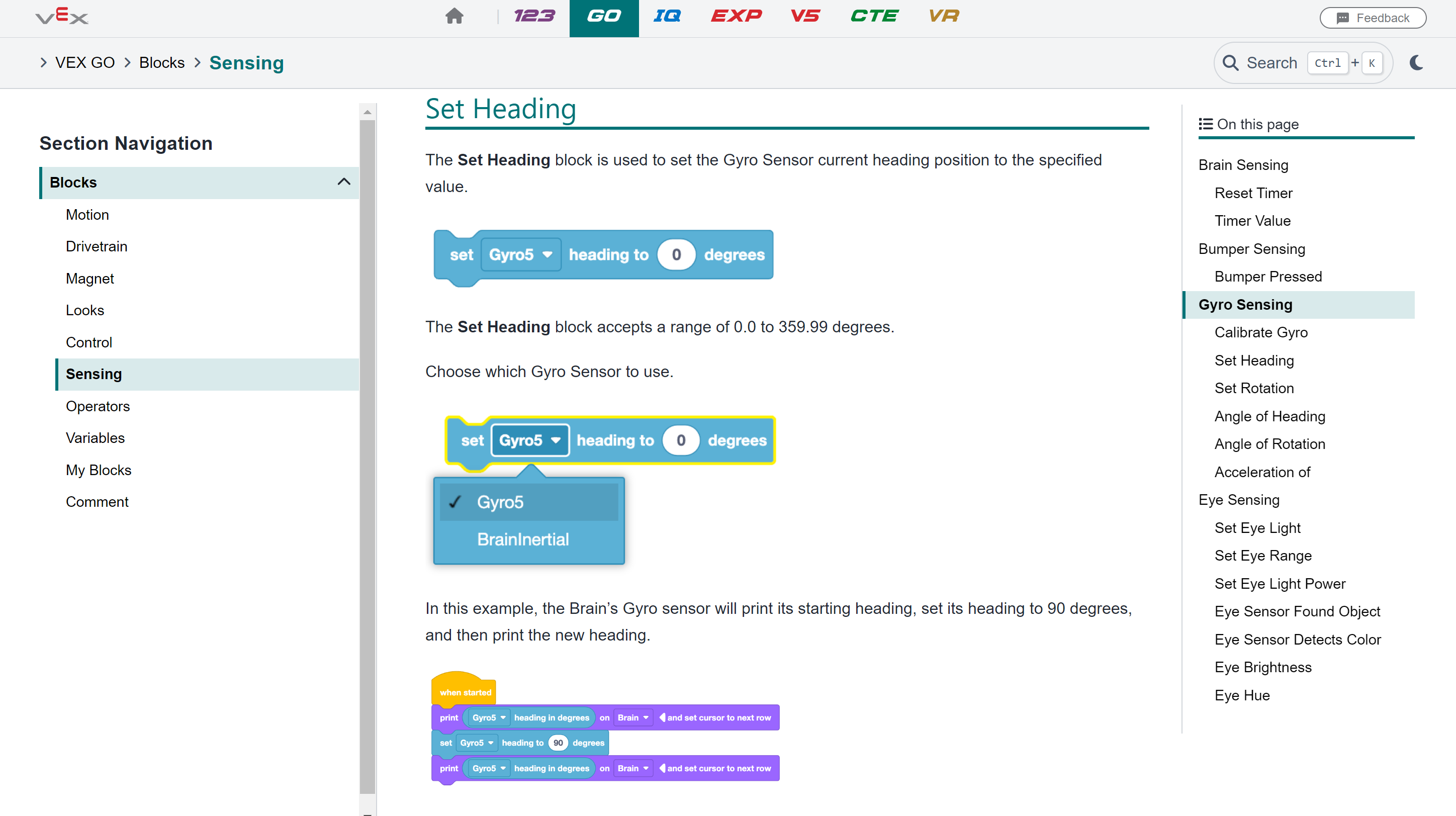 VEXcode GO API Documentation page for the Set heading block. The API pages include explanations, features, and example projects for each VEXcode GO block.