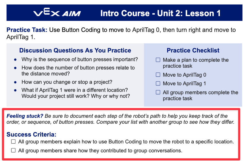 The same image as before, with the Feeling Stuck and Success Criteria sections highlighted, indicating the areas of the task card to promote autonomy in problem solving and communicating progress.