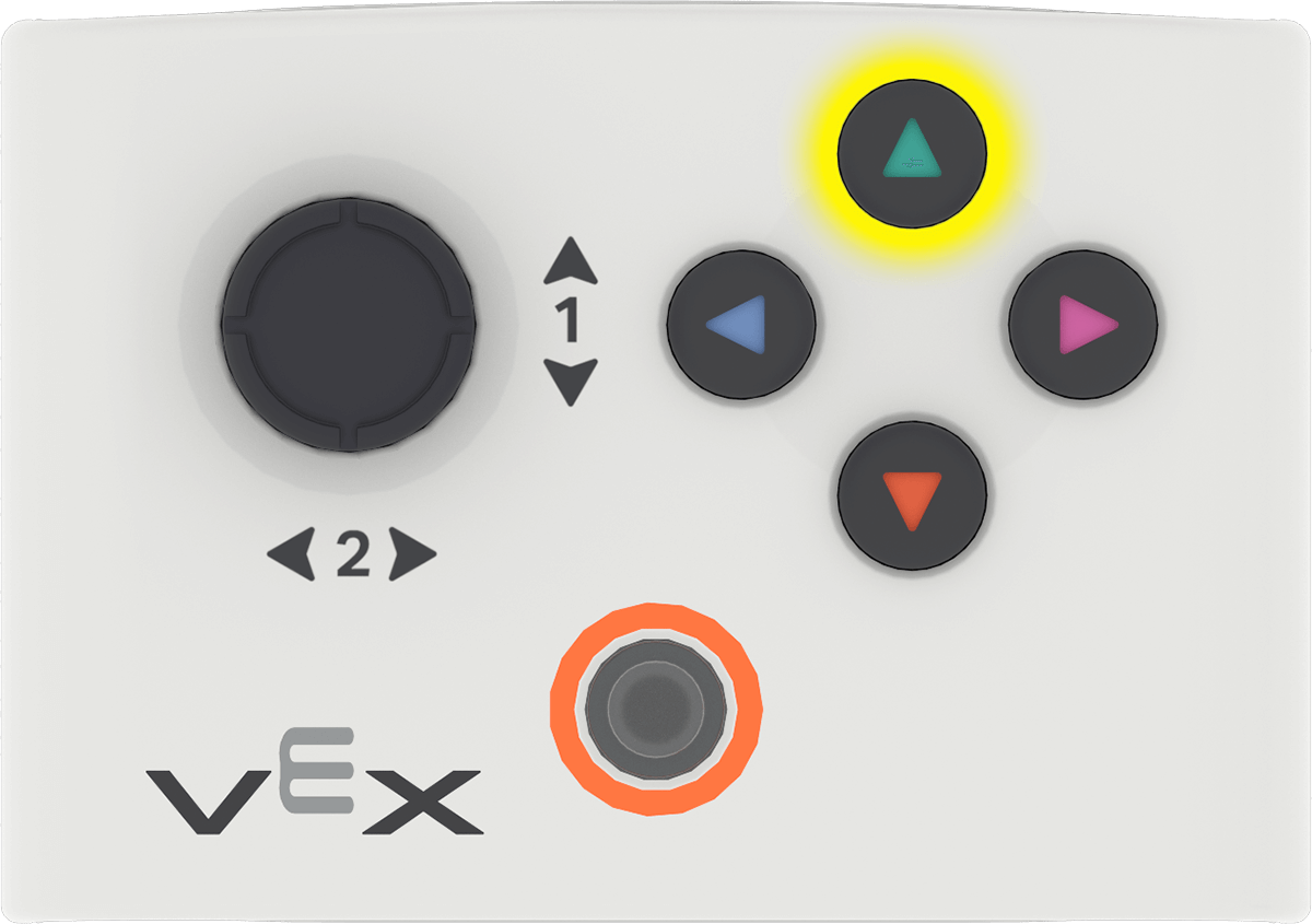 A VEX controller shows four directional buttons on the right side, each with a different colored arrow. The top green triangle button is highlighted with a yellow glow, indicating it is being pressed.