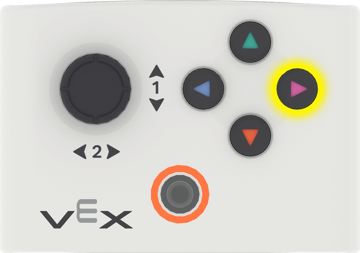 The same VEX controller with the right magenta triangle button highlighted in yellow, showing it is currently selected or pressed.
