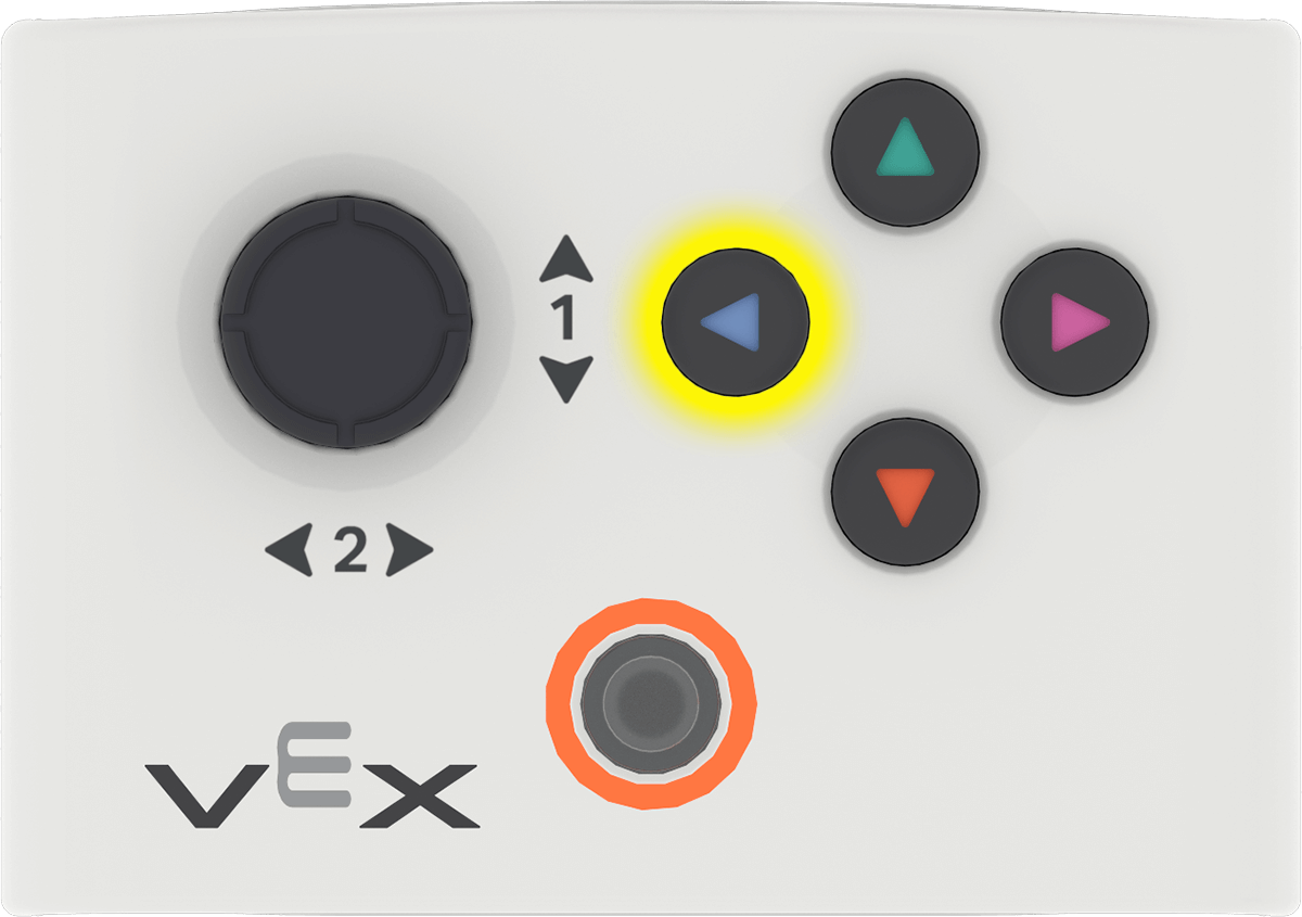 The controller again with the left blue triangle button highlighted in yellow, indicating it is the active input.