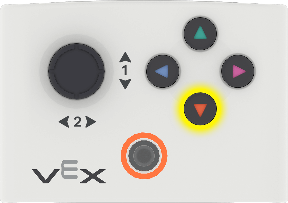The bottom orange triangle button on the controller is highlighted in yellow, showing it is currently being pressed.