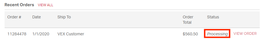 Screenshot of order status interface displaying order details, including order number, status, and estimated delivery date, relevant to the Order Processes section in the General Category Description.