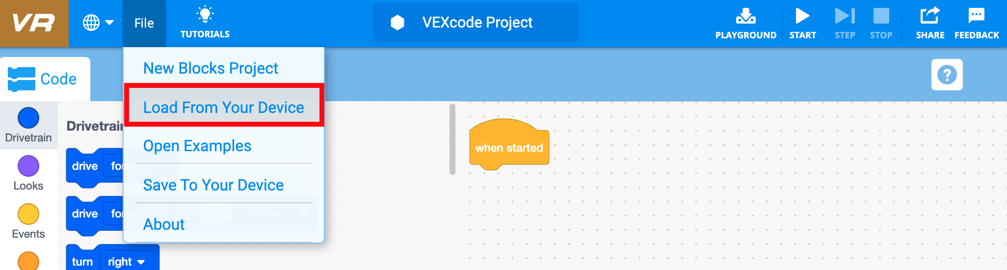 Загрузка и сохранение проекта VEXcode VR на Android – Библиотека VEX