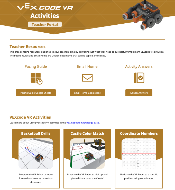 Home page delle attività VR di VEXcode