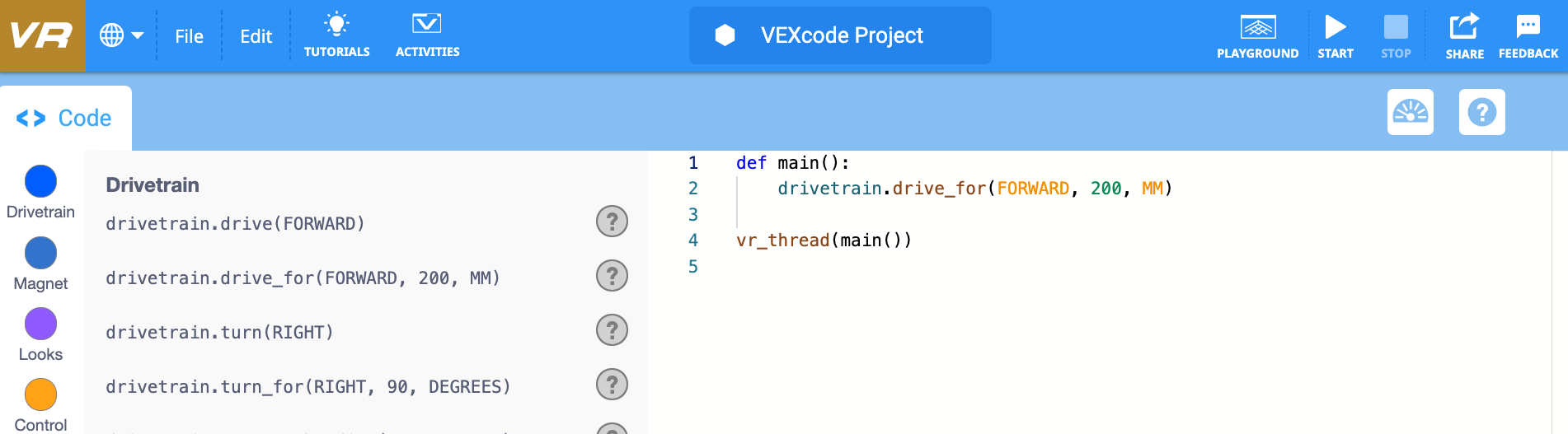 VEXcode VR 파이썬 모드