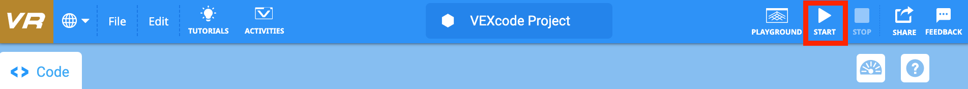 Screenshot of the VEXcode VR interface showing the 'Select Start' option in the Project Help section, designed to assist users in initiating their coding projects with a virtual robot.