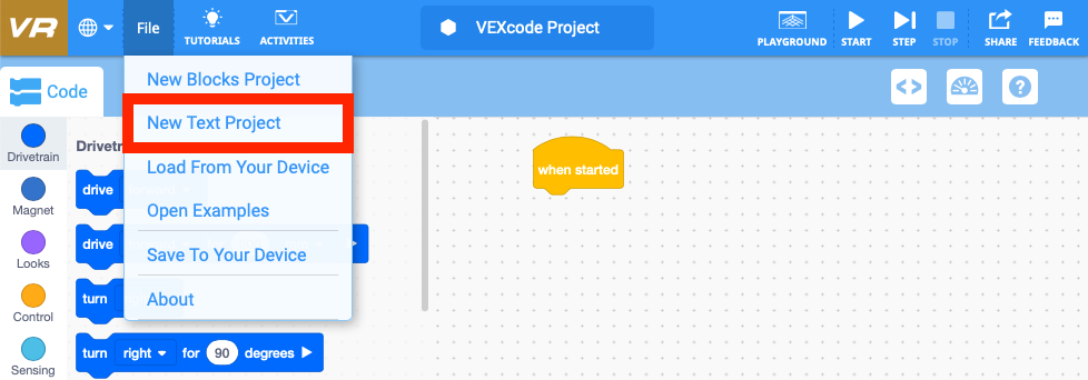 Llamada del proyecto de texto VEXcode VR