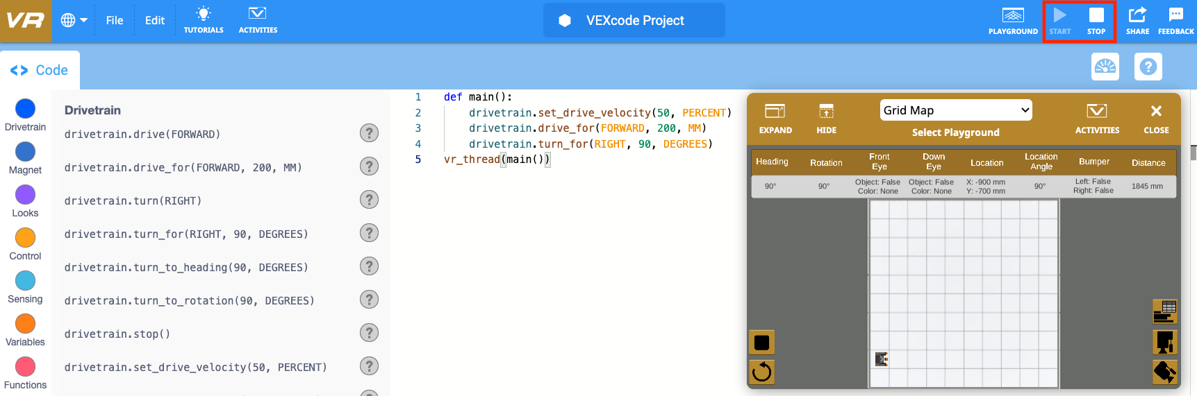 Greyed out start button in VEXcode VR interface, indicating the feature is currently unavailable or inactive, relevant to users seeking assistance in the Project Help section.