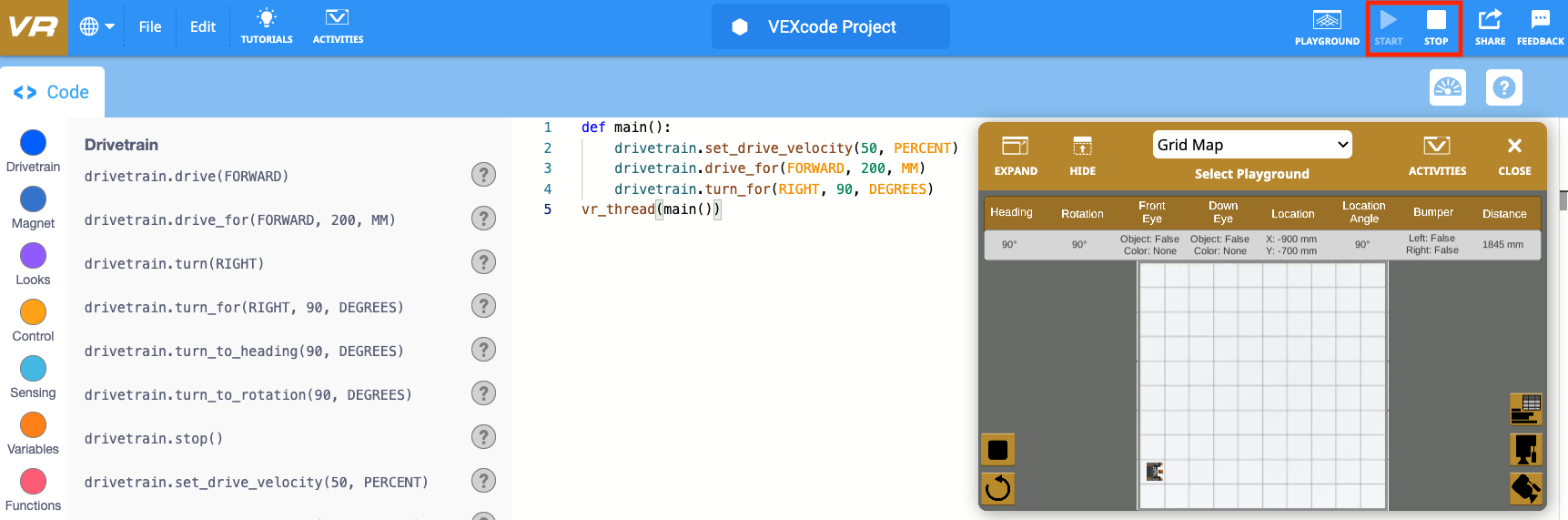 Starting and Stopping a Python Project in VEXcode VR