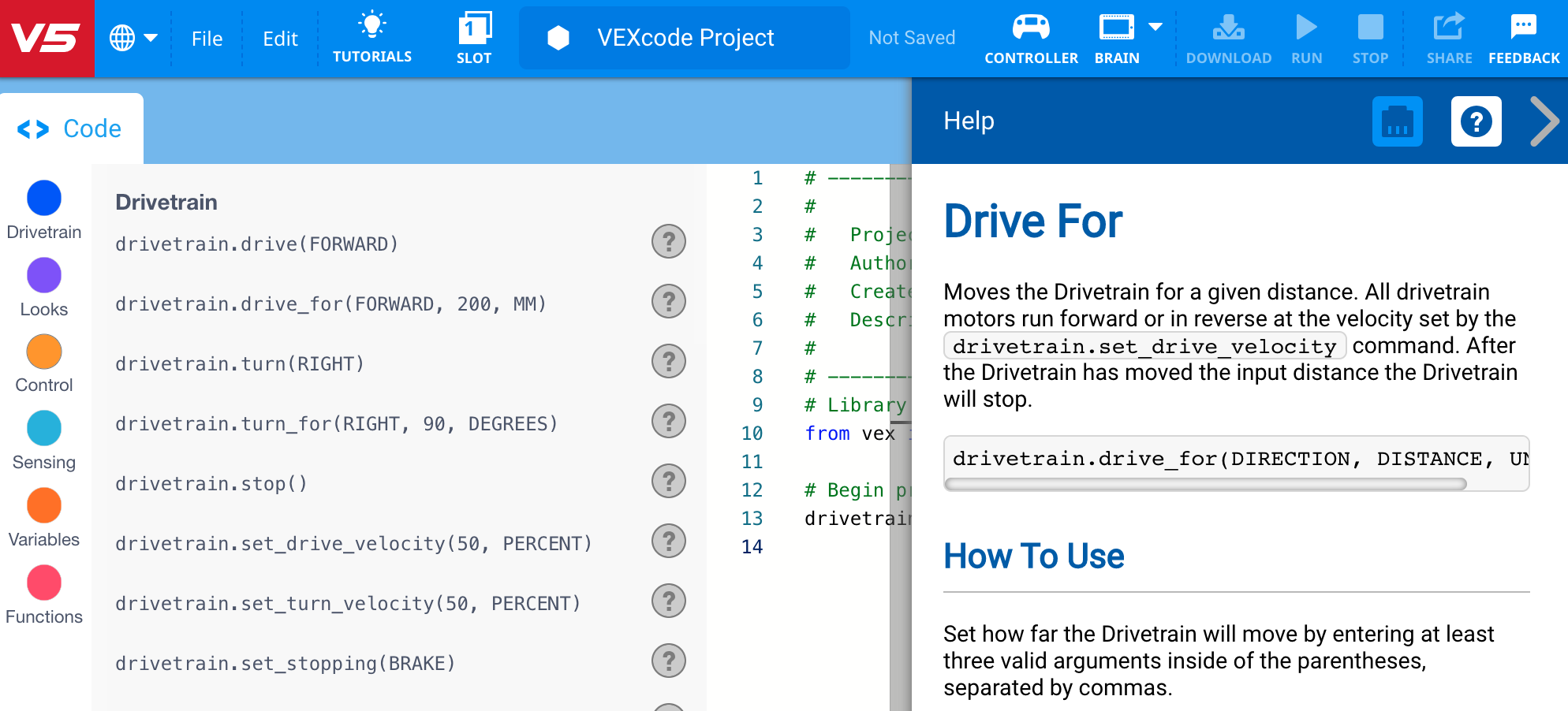 Screenshot of the VEX V5 Drive for Python tutorial, illustrating the programming interface and code examples for controlling VEX robots using Python.