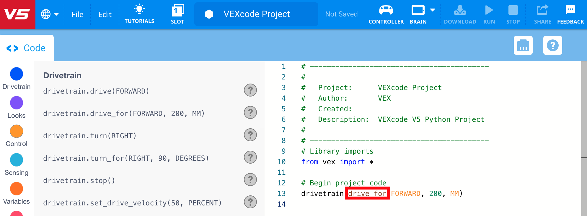 Screenshot showing the right-click context menu options for the drive in VEX V5, illustrating available actions for users in Python tutorials.