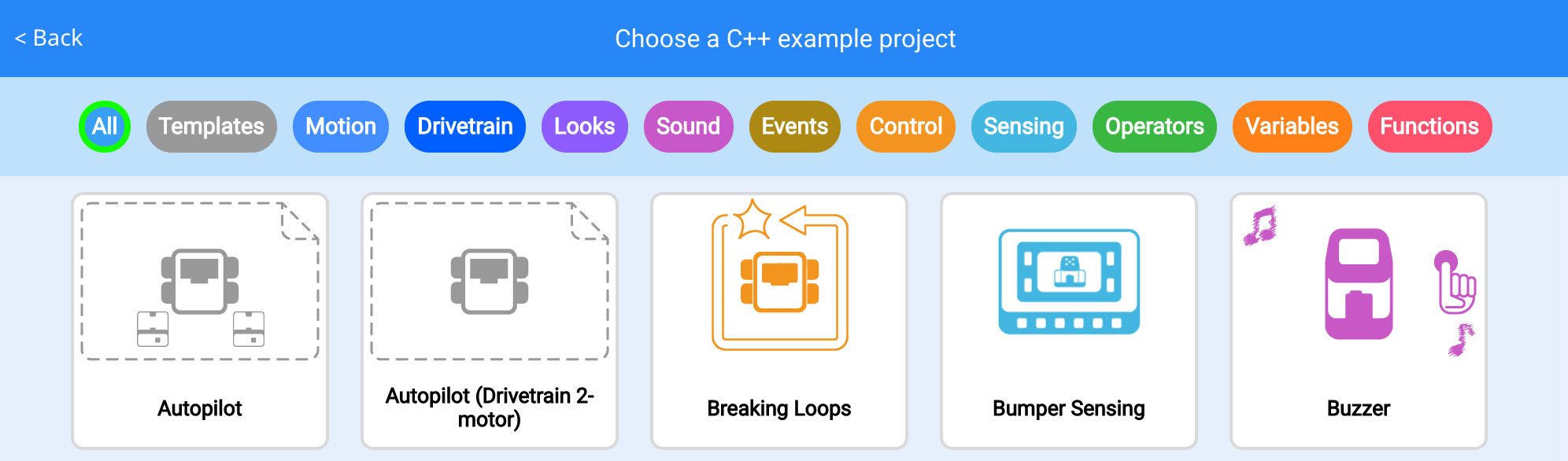 VEXcode Example Projects menu with a variety of projects across different categories to choose from.