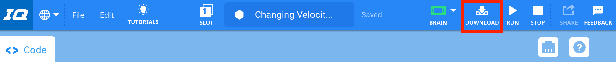 VEXcode IQ Toolbar with the Download icon highlighted in between the Brain and Run icons.