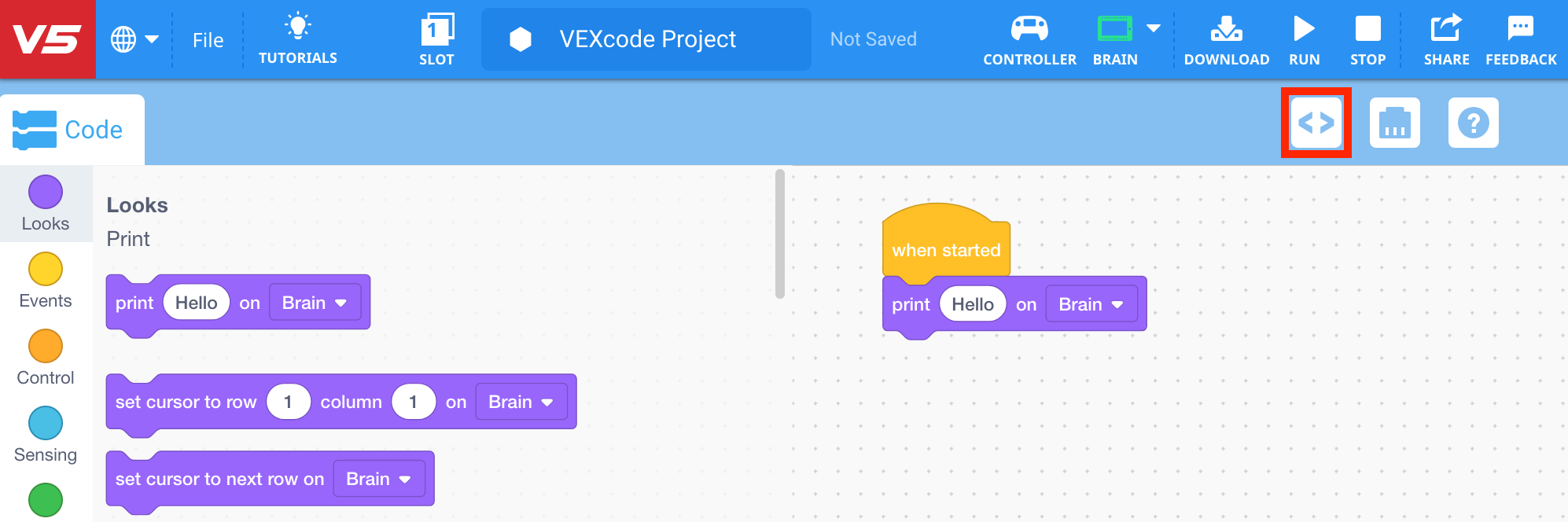 Screenshot of the open code viewer displaying a Python script that prints 'Hello' to the console, illustrating a basic example in the V5 Python Tutorials section.