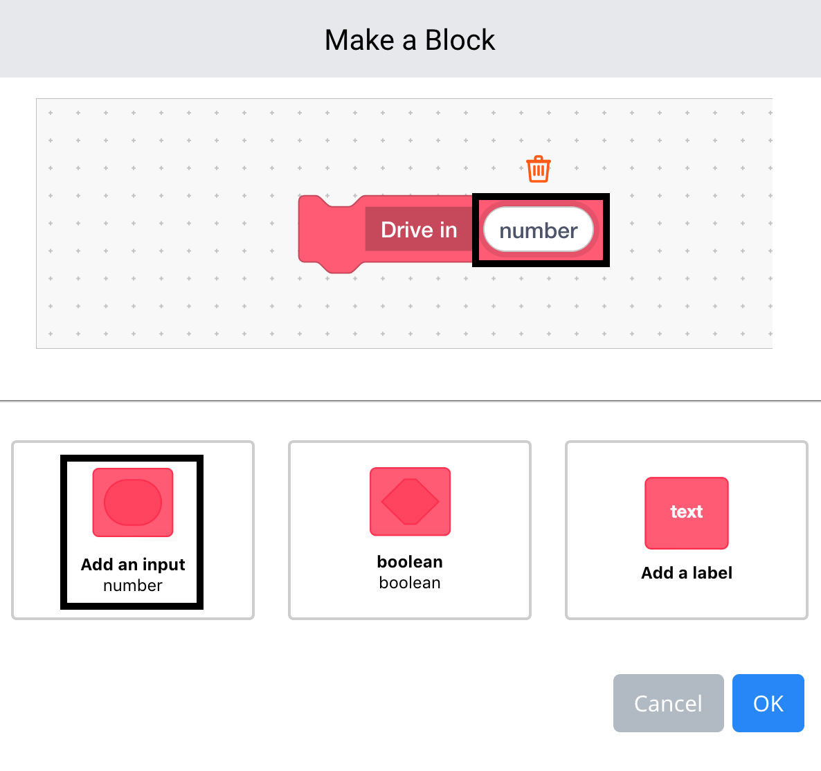 Screenshot of the VEX V5 Blocks programming interface showing the 'Add Input' option in a block tutorial, illustrating how to add inputs to a block in the programming environment.