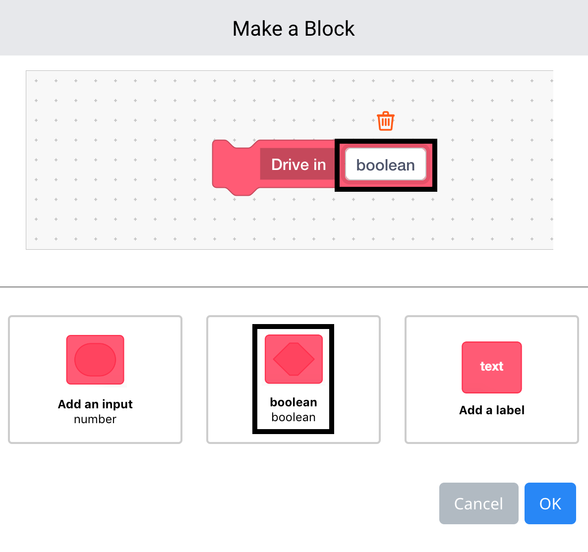 Screenshot of the VEX V5 Blocks programming interface showing the 'Add Boolean' block option, illustrating how to incorporate boolean logic in programming tutorials.