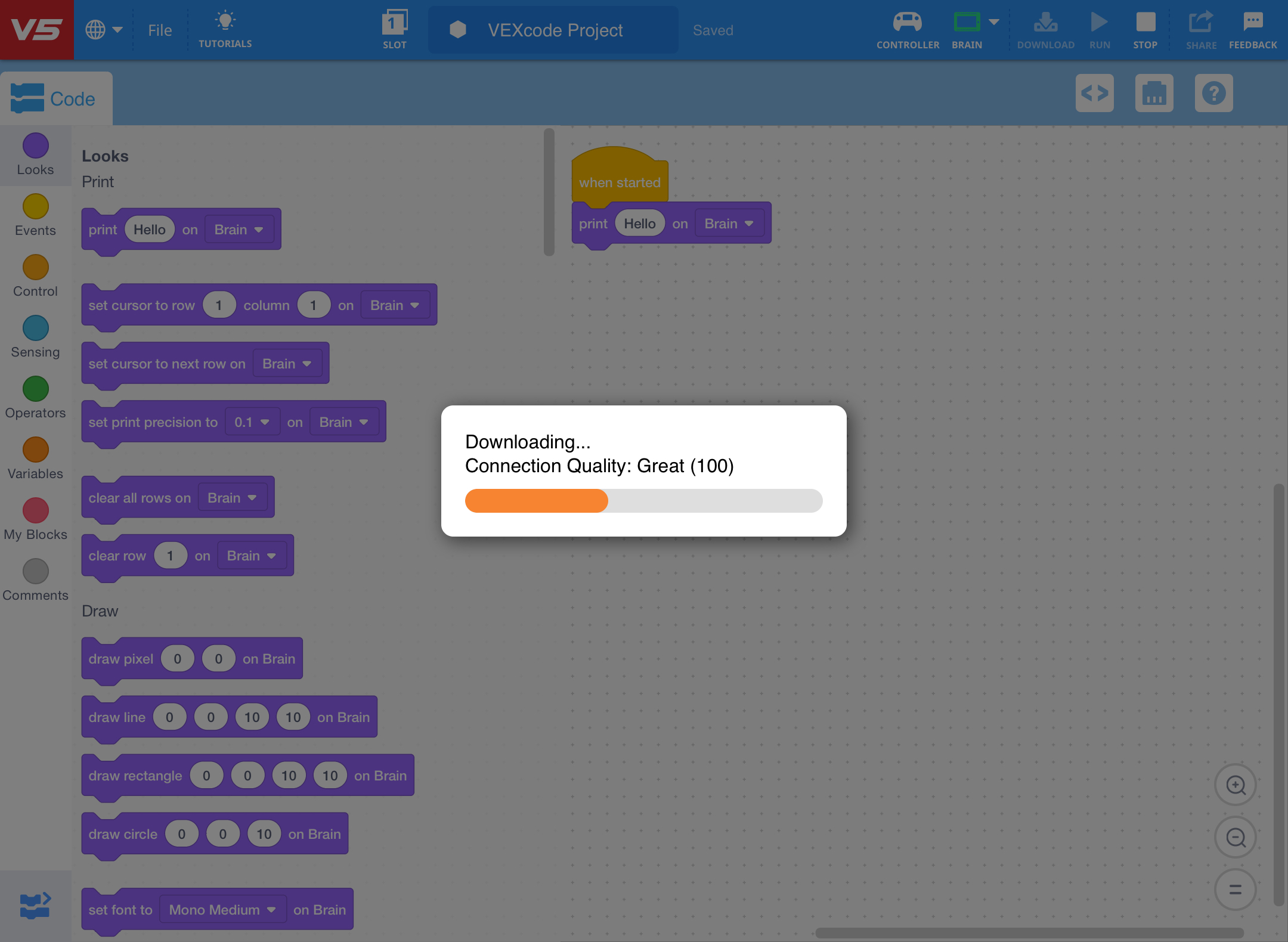 A visual representation of progress tracking in VEX Robotics V5 Blocks programming, showcasing a series of blocks connected to illustrate a programming sequence.