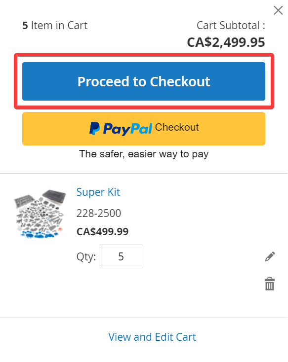 Screenshot showing the shopping cart icon and the blue 'Proceed to Checkout' button in the context of international order processes.