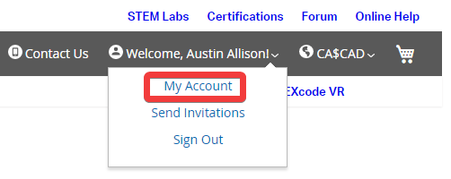 Screenshot of the account menu in a web application, highlighting the 'My Account' option under the user's name, illustrating the process for international order management.
