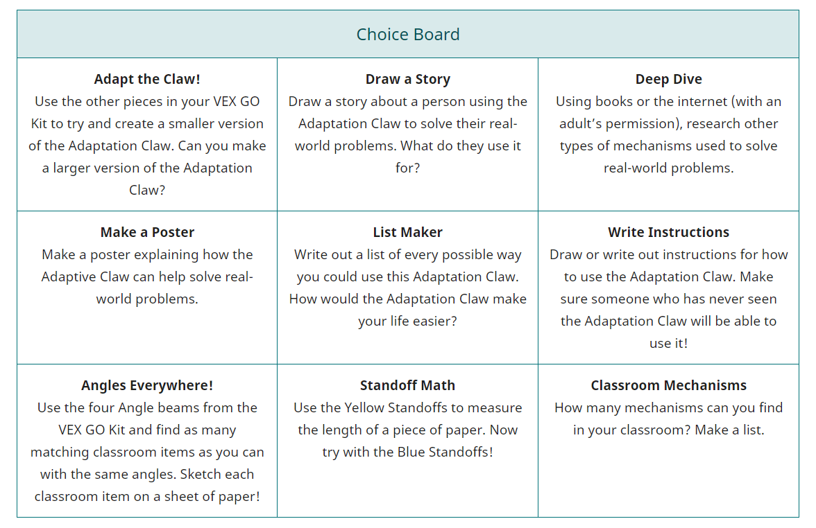 VEX GO Helping Hand Unit Choice Board