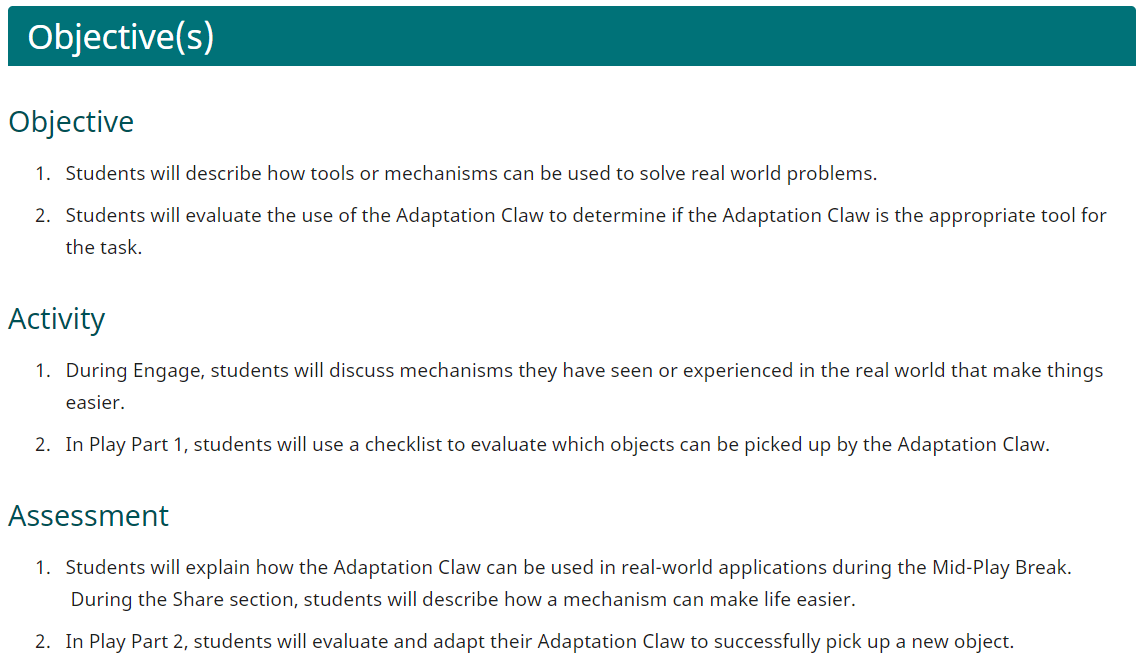 VEX GO Adaptive Claw Lab Learning Objectives