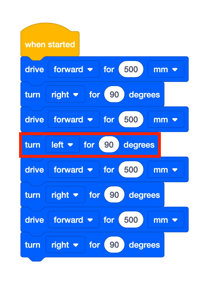 VEXcode GO Blocks project with 4 pairs of Drive for and Turn for blocks that is meant to drive the robot in a square. An incorrect block is highlighted to indicate that there is a bug in the code.