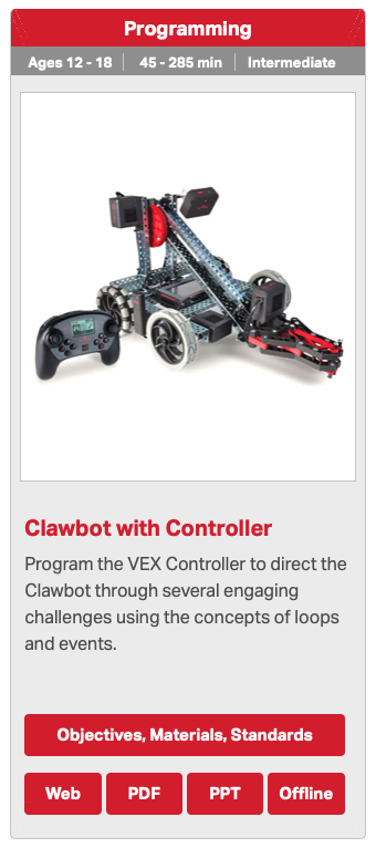 Clawbot STEM Lab image showcasing a robotic claw and educational components, illustrating the V5 robotics category and encouraging users to explore next steps in their learning journey.
