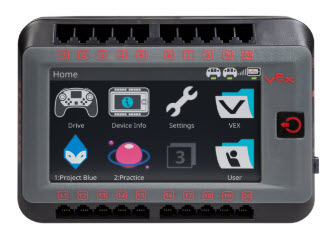 Illustration of the Vex V5 Brain, a key component for robotics, showcasing its ports and features for connecting motors and sensors, used in educational robotics projects.