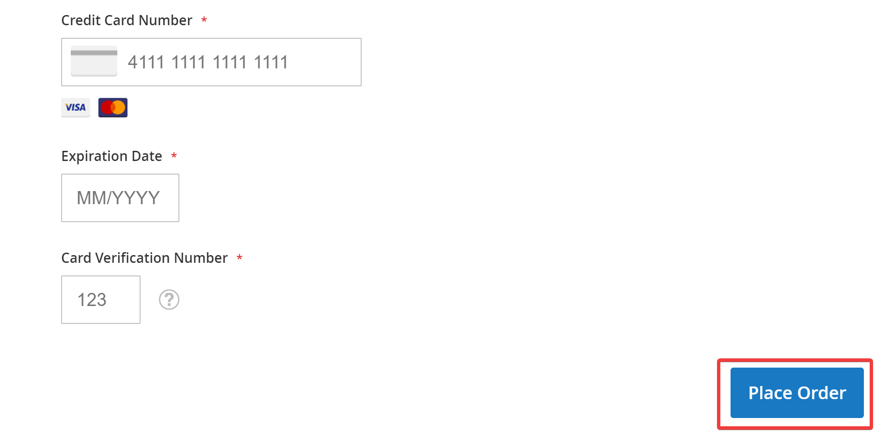Screenshot of the payment section for placing an order, featuring fields for credit card and PayPal information, with a highlighted 'Place Order' button at the bottom right corner.