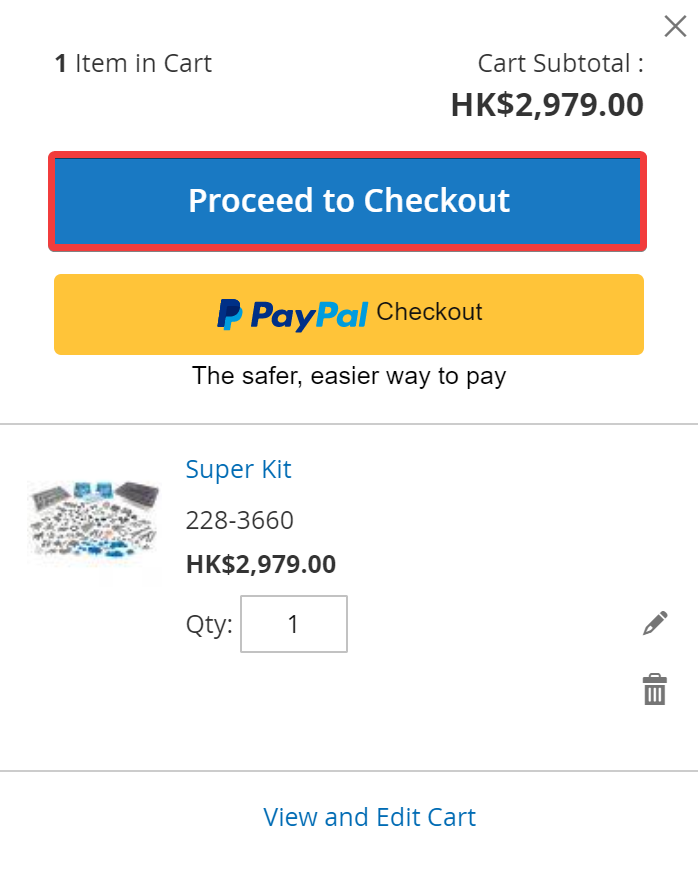 Screenshot of the 'Proceed to Check Out' button highlighted in the cart menu, located in the top right corner of the screen, illustrating the checkout process for international orders.