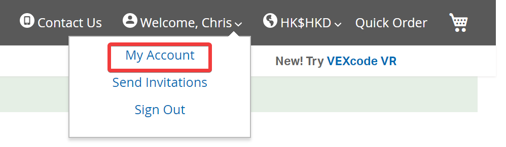 Screenshot of the 'My Account' section showing the account name selection in the context of international order processes.