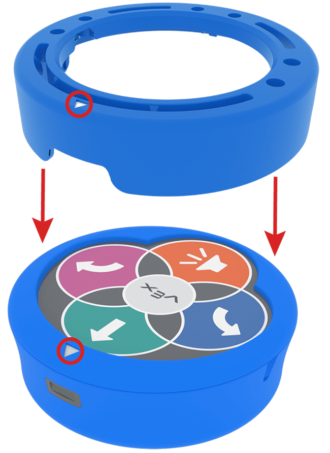 Diagram of the Art Ring above a 123 Robot. The white arrow on the Art Ring is located at the front of the ring, aligned with the white arrow on the front of the robot. Arrows indicate that this is how the Art Ring should be attached to the top of the robot, by pressing it down until it snaps into place.