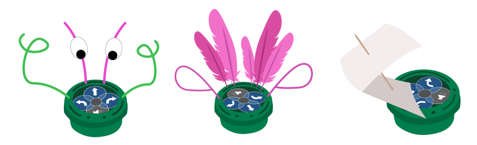 Three example Art Ring designs for 123 Robots, one of a monster, one of a flamingo, and one of a sailboat.