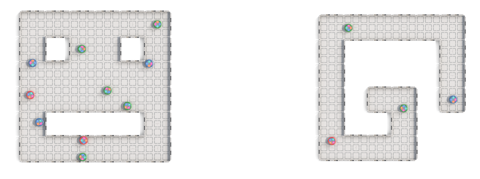 Two different example 123 Field layouts side by side to demonstrate the flexibility of the 123 Field tiles and walls.