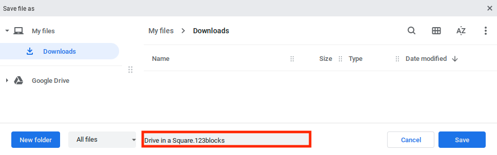 The Chromebook Save File menu is open and set to save to the Downloads folder. The project name is highlighted and has been changed to Drive in a Square.123blocks.