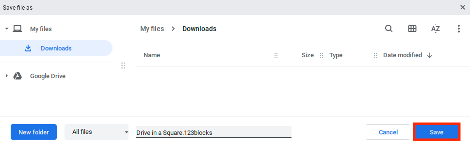 The Chromebook Save File menu is open and set to save to the Downloads folder. The project has been named and the Save button on the bottom right is highlighted.