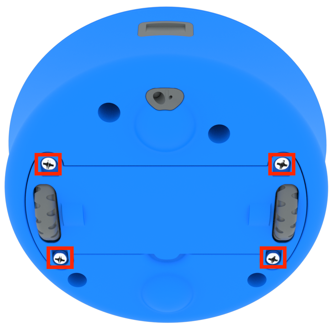 Underside of a 123 Robot with the four screws on the robot's bottom base plate highlighted.