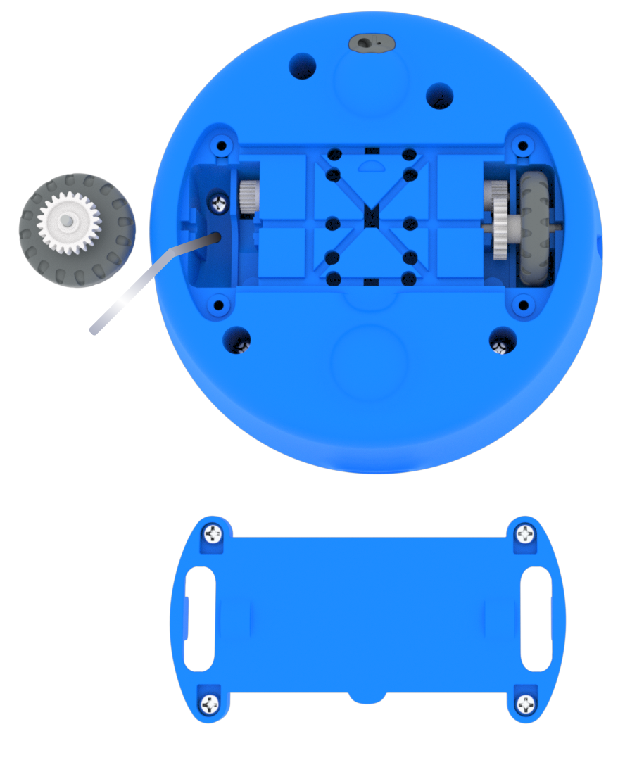 Underside of a 123 Robot with its Eye Sensor facing upwards, the bottom base plate removed, and the wheel on the left side removed too. The end of an unfolded paper clip is being used to push the hard reset button on the inside of the left wheel track.