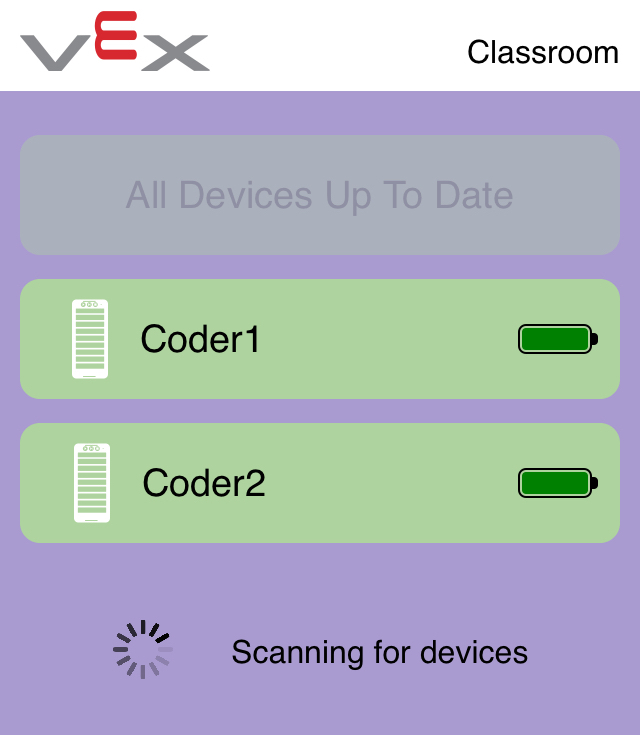 Screenshot of the VEX Classroom App with two up to date Coders listed and the Update button at the top reading 'All Devices Up To Date.