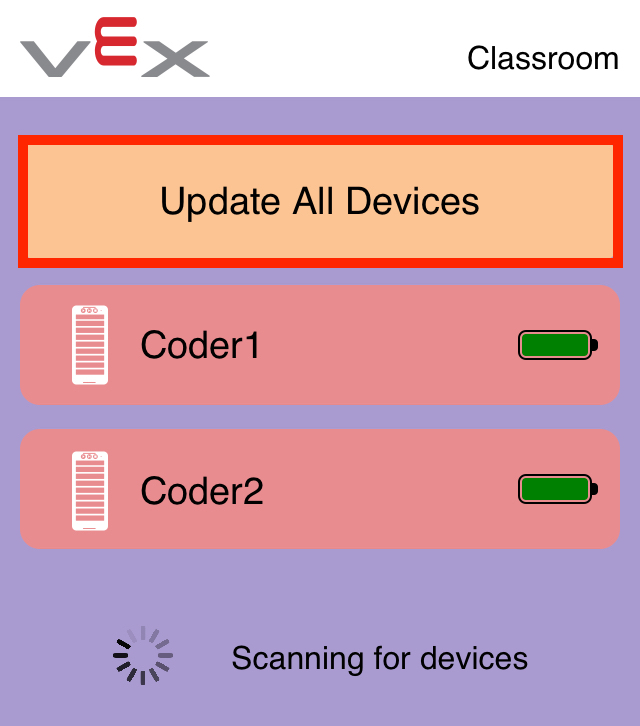 Screenshot of the VEX Classroom App with two out of date Coders listed and the 'Update All Devices' button at the top highlighted.