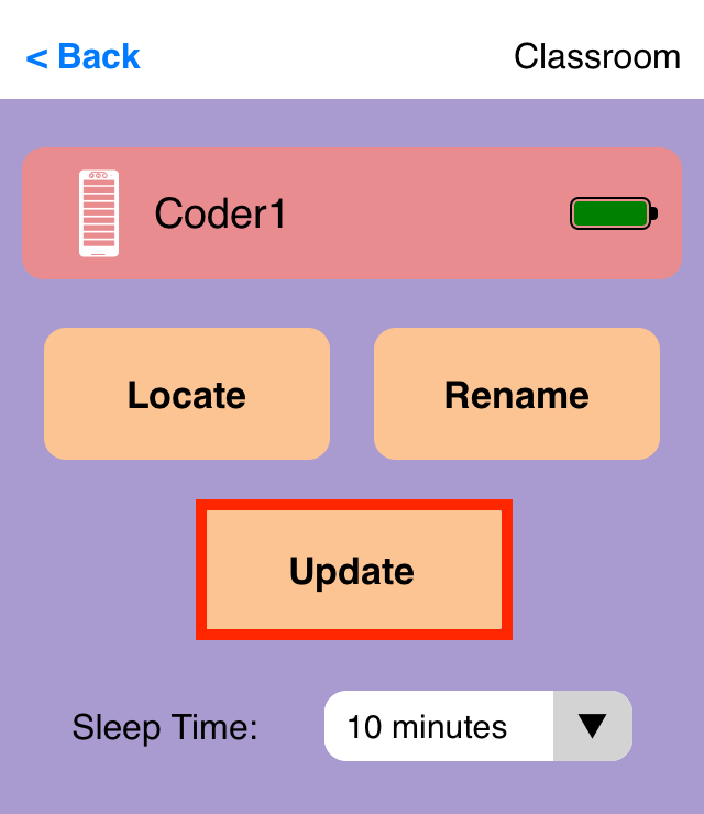 Screenshot of the VEX Classroom App with an out of date Coder's menu opened and the 'Update' button in the center of the screen highlighted.