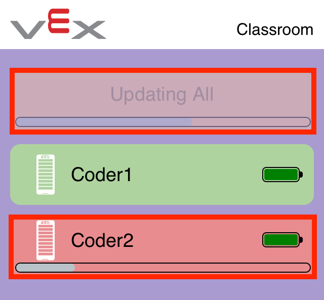 Screenshot of the VEX Classroom App with two Coders listed and the 'Updating All' button at the top greyed out. One Coder has finished updating and the next has a progress bar to indicate that the Coders update one at a time.