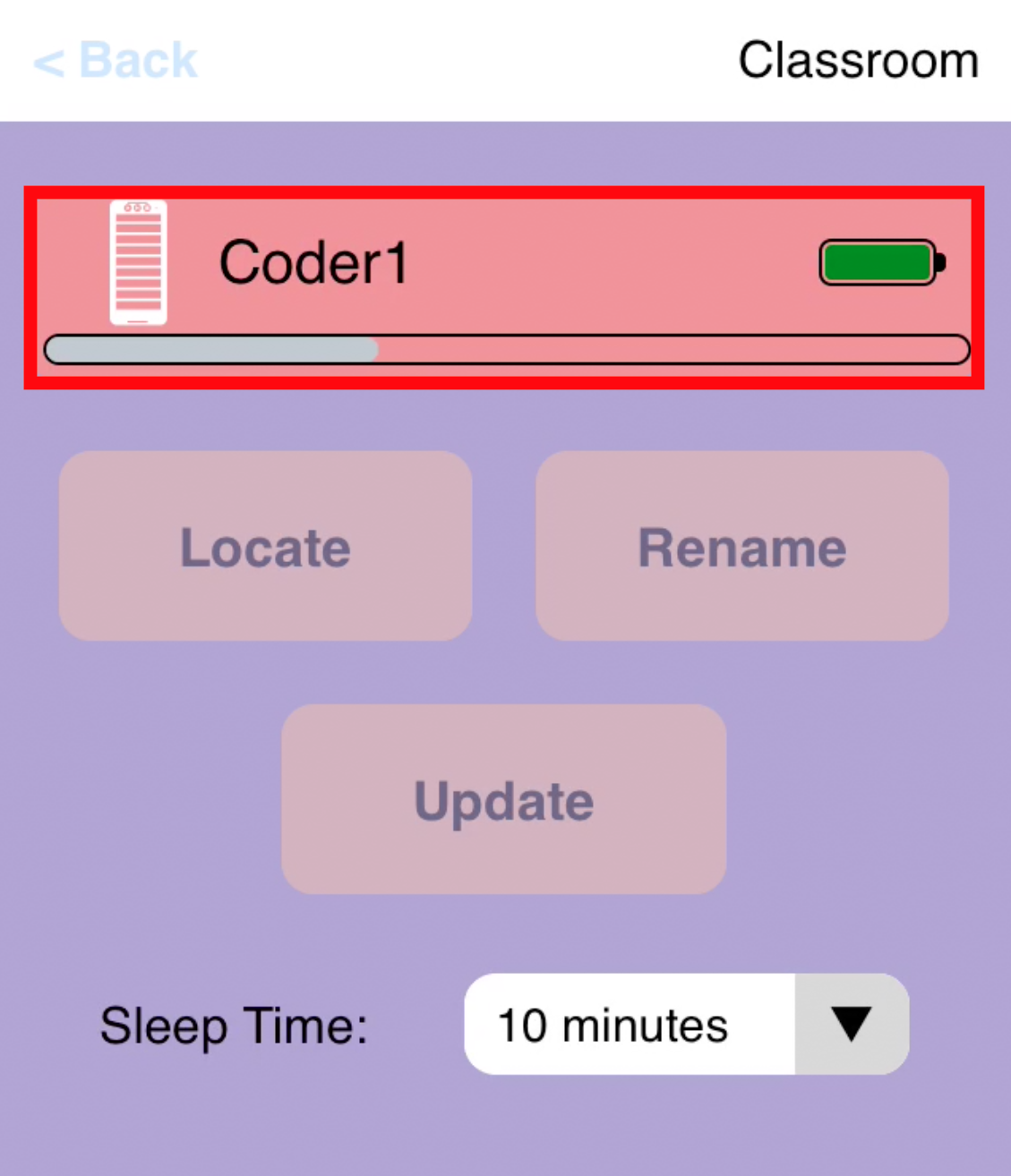 Screenshot of the VEX Classroom App with an out of date Coder's menu opened and a progress bar under the Coder's name to indicate that it is updating. The option buttons are greyed out to indicate that the Coder can't be interacted with until it is done updating.