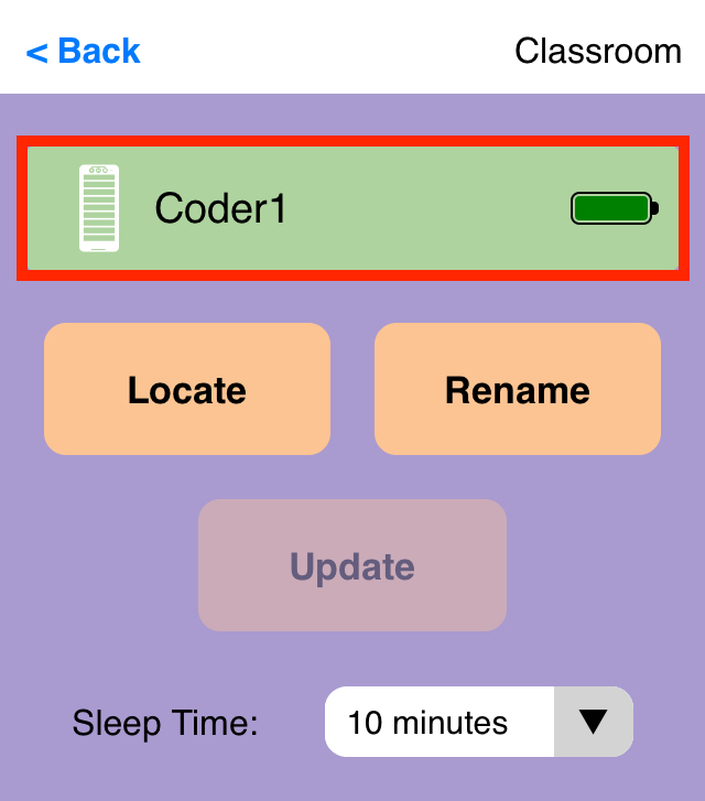 Screenshot of the VEX Classroom App with a Coder's menu opened and the Coder's name shown in green to indicate that it is done updating.