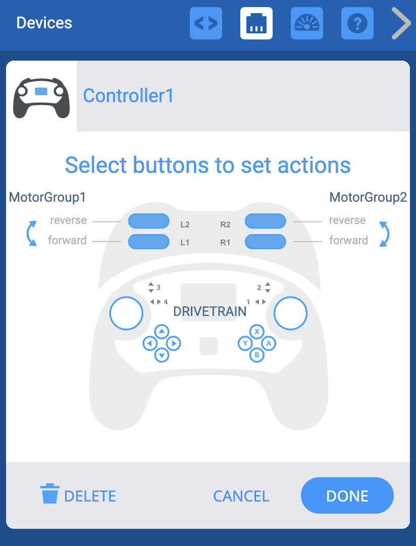 전체 모터 그룹을 제어하기 위해 컨트롤러의 버튼 구성
