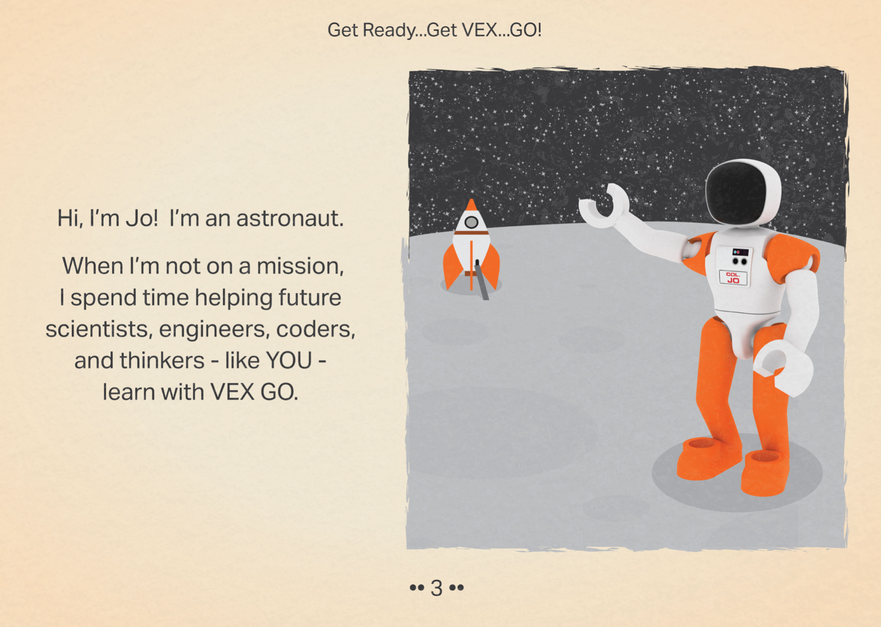 The third page in the Get Ready, Get VEX, GO PDF book featuring an illustration of Jo the astronaut as well as Jo's introduction.