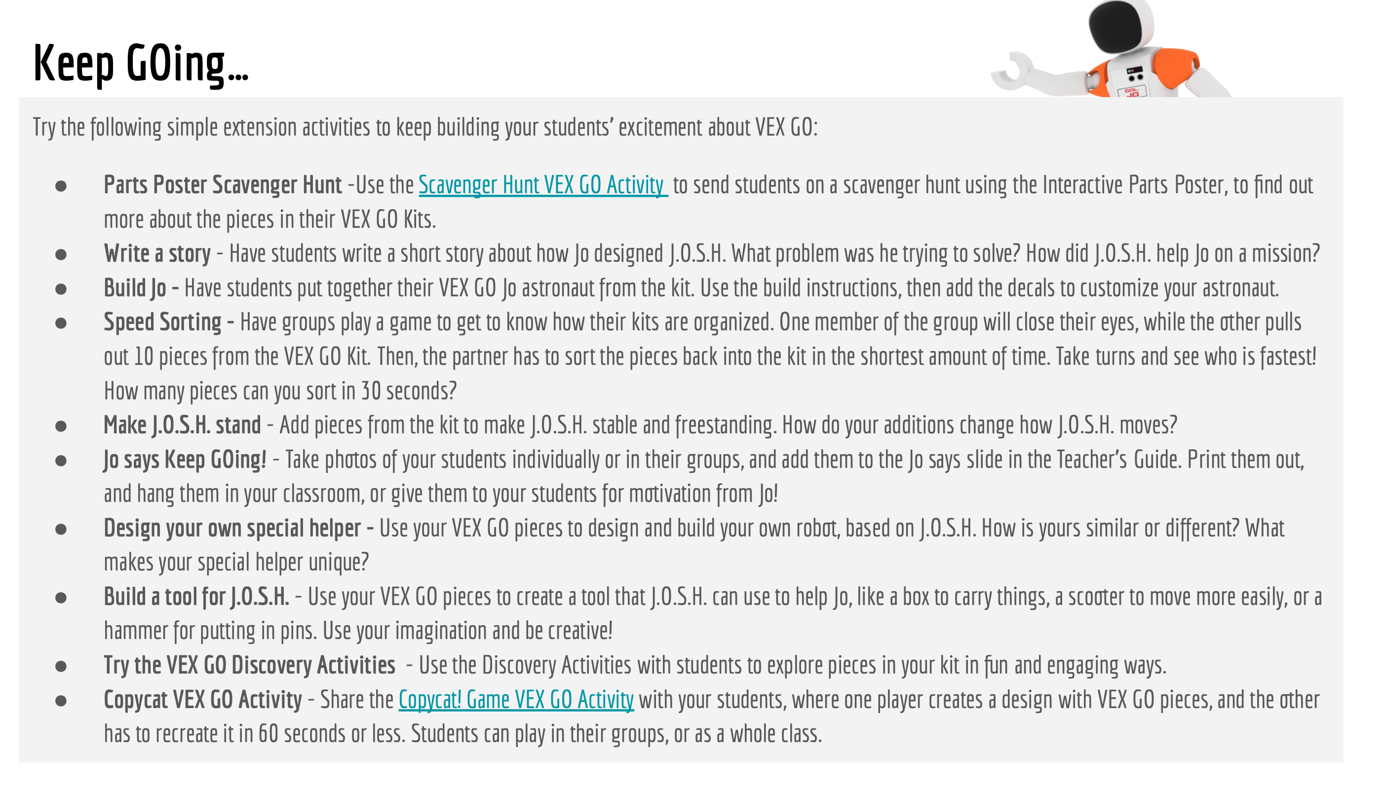 The Keep GOing page near the end of the Get Ready, Get VEX, GO PDF book, with a list of activities that involve the GO kit that students can do next.